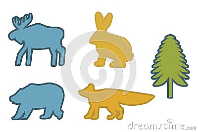 Set of Blue moose, blue bear, yellow rabbit, yellow fox, green fir silhouettes Stock Photo